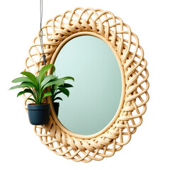 Oval-shaped rattan mirror with intricate weaving detail hangs against a black backdrop; a potted green plant is suspended near the mirror, reflecting in the glass and adding a decorative touch.