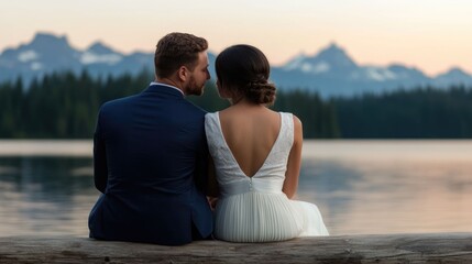 Affectionate Caucasian couple sitting on a log enjoying a quiet peaceful moment together by the tranquil lake with a scenic mountain landscape as the backdrop at sunset