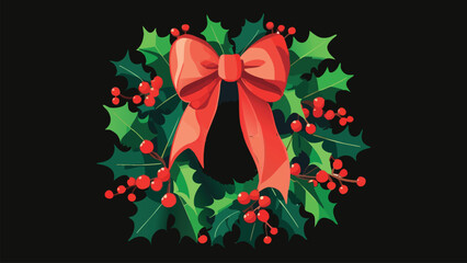 A Christmas wreath adorned with a beautifully tied bow and lush green holly leaves with bright red berries