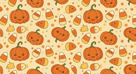 Adorable kawaii pumpkins and candy corn create a charming and festive seamless pattern perfect for Halloween celebrations and seasonal decor projects