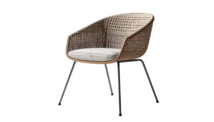 Woven design armchair features a textured seat, a rounded back, and slender metal legs, presenting a contemporary and inviting seating solution with a clean aesthetic against a solid black backdrop.