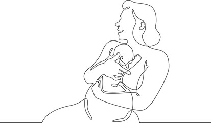 Continuous one line drawing  A woman in labor with a newborn. Childbirth. A woman gives birth. Pregnancy.Line art.One continuous line isolated illustration.Not AI.