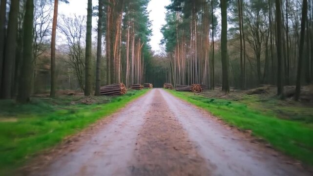 Forest road with stacked wood logs nature landscape scenery