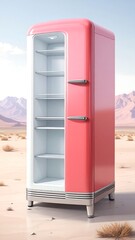 Retro pink refrigerator in desert landscape