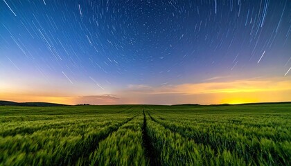 Starry Night Sky Above a Green Field at Twilight with Long Exposure Star Trails and Faint Horizon Glow