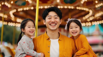 A delightful and vibrant scene of an Asian family sharing moments of pure joy and laughter as they ride together on a colorful carousel in an amusement park
