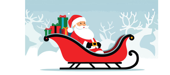 Santa sleigh with gifts, simple flat illustration with reindeer silhouettes
