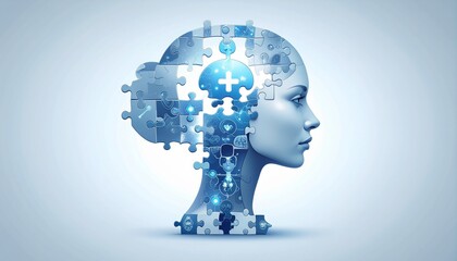 Human head made of puzzle pieces with glowing AI core.