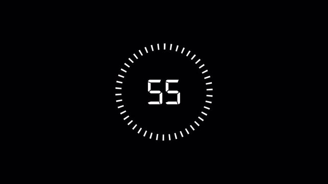 One minute circle countdown timer animation, 60 seconds countdown from 60 to 0 seconds on transparent background, Countdown video in 4k.
