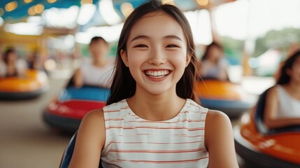 Vibrant Asian Teenager Joyfully Smiling and Laughing While Riding Bumper Cars at Colorful Carnival or Festival Event  Cheerful Young Woman Expressing Happiness and Delight on Amusement Park Ride