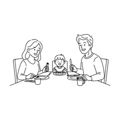 Hanukkah Family Enjoying a Meal Together at a Table in a Line Drawing Style Keywords: family, meal, dinner, eating, table, mother, father, child