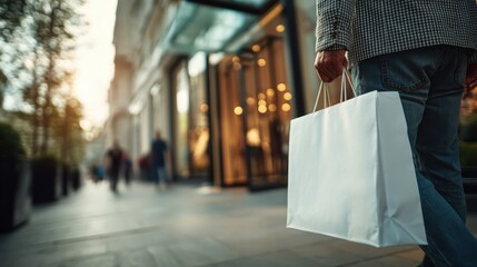 Naklejka premium A person walks down a city street holding a white shopping bag near a row of illuminated storefronts at dusk.