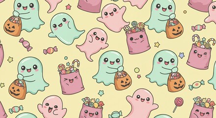 Obraz premium Adorable kawaii ghosts collecting candy in jack o lantern bags, perfect for festive Halloween designs and children's products