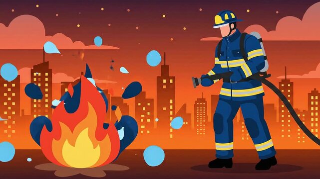 Firefighter hero spraying water to extinguish a blazing fire in an urban city at night