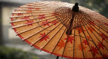 Japanese Umbrella in Rain: Maple Leaf Pattern