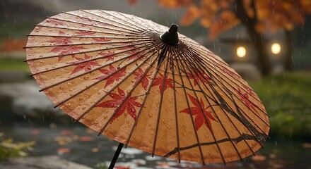 Japanese Umbrella in Autumn Rain