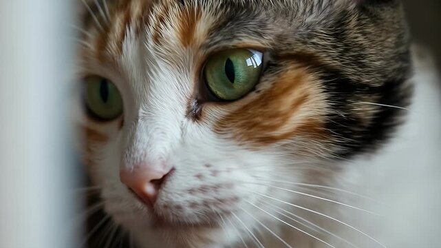 Close up of a beautiful calico cat with striking green eyes.