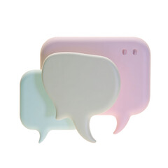 Three-dimensional rendered speech bubble graphics in pastel color shades including pink, green, and white, are layered against a black background, illustrating the concept of online dialogue and...