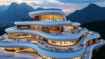Aerial view of innovative multi story building with flowing white lines glass facades for modern architecture urban design scenic dusk lighting mountain backdrop concept