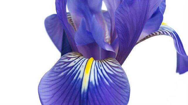 Close up of a beautiful purple iris flower with yellow accents on a white background.