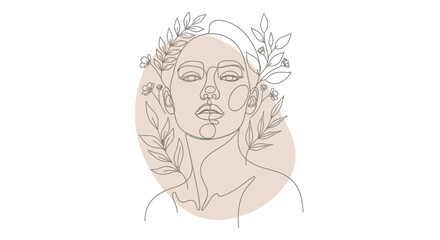 Elegant line art depicting a woman's face adorned with leaves and flowers design
