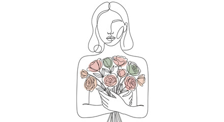 Elegant woman portrait with a bouquet of flowers, continuous line art drawing style illustration,
