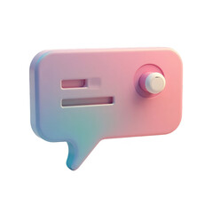 This 3D rendered illustration showcases a pastel colored, glossy speech bubble, featuring design elements of a button, with a soft gradient color effect.