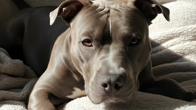 Close up of a blue pitbull dog resting on a couch.