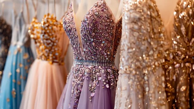Elegant, sparkly gowns in various colors with intricate beadwork on display