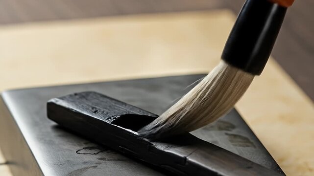 Close up of a brush preparing ink on an ink stone for calligraphy.