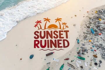Beach scene with pollution and Sunset Ruined written on sand