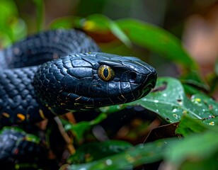 Close Up of a Black Snake in Lush Foliage.