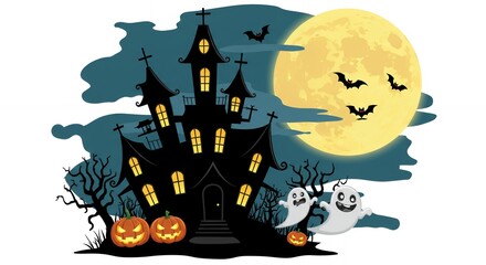 Spooky haunted mansion glows under full moon with playful ghosts and bats, perfect for Halloween celebrations and festive designs