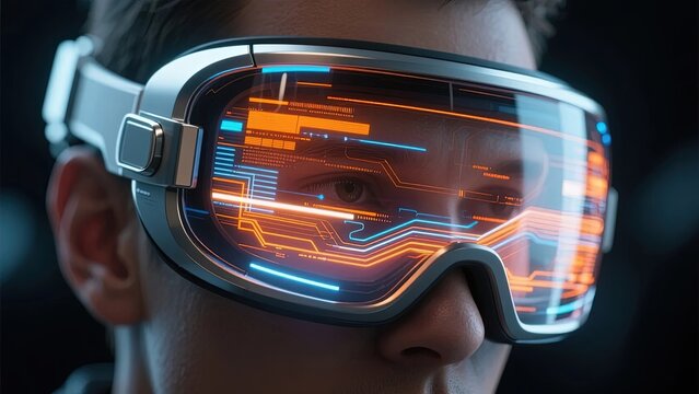 Person wearing futuristic augmented reality goggles with glowing digital interface - Powered by Adobe