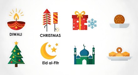 Multi-Festival Vector Icon Pack Featuring Diwali, Christmas and Eid in Modern Flat Style