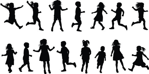 Silhouette vector of children running, jumping, walking, active kids playing in motion, outdoor activity illustration, black graphic design isolated collection