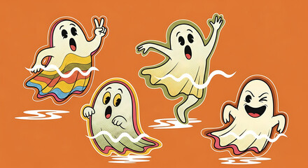 Whimsical collection of friendly retro cartoon ghosts with fun expressions for Halloween