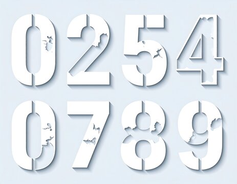Stencil-Style White Numbers with Shadow on Light Blue Background