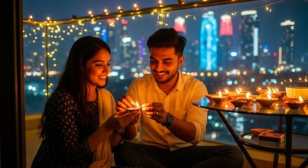 Romantic couple lighting diyas on balcony with glowing city lights during Diwali