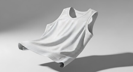 A white, perforated athletic tank top or basketball jersey floating dynamically in the air, showcasing the light mesh fabric texture and movement on a studio background.