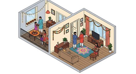 Urban Apartment Diwali Celebration Isometric Vector Illustration of Family Lighting Diyas and Sharing Sweets