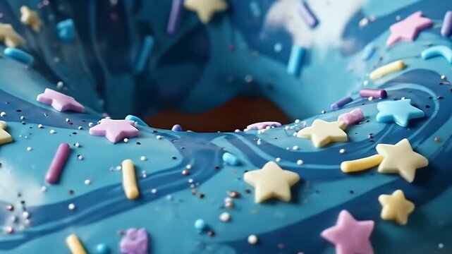 Close up of a delicious blue donut with colorful sprinkles.
