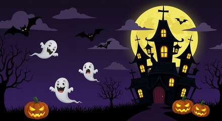 Spooky haunted house scene with playful ghosts, bats, and glowing jack-o'-lanterns under a full moon creates a fun Halloween atmosphere.
