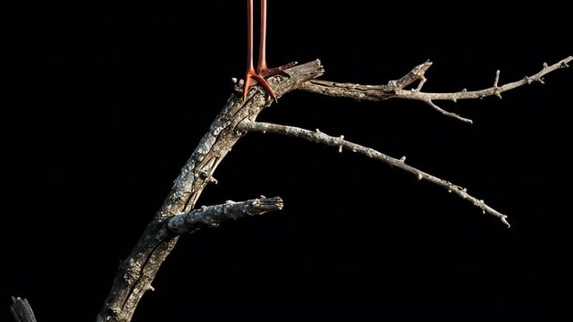 Close up of a dry twig with a red string tied around it against a black background.