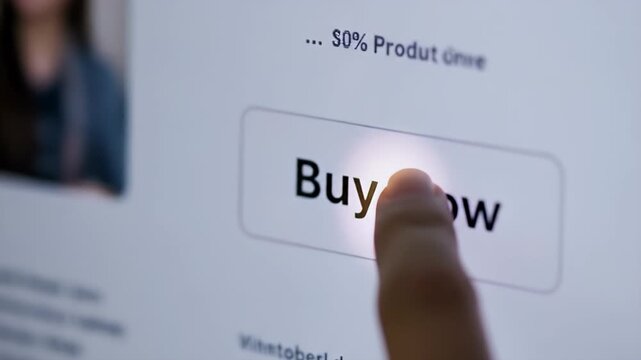 Close up of a finger pressing a red buy now button on a computer screen.