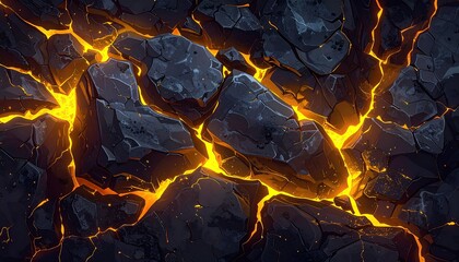 Cracked dark rock glows with fiery light underneath