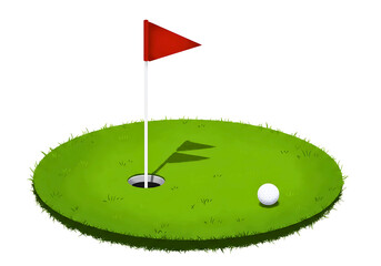Golf hole with flag and ball isolated on transparent background
