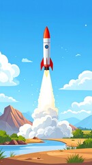 Rocket launching over landscape