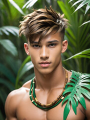 Portrait of handsome man at green background. Sexy shirtless male model in summer garden.
