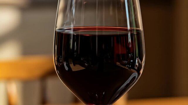 Close up of a glass of red wine on a table.